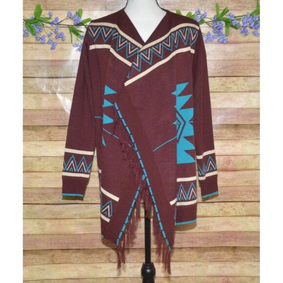 Giddy Up Glamour Cardigan Womens S Aztec Southwestern Open Front Fringe Fall - Picture 4 of 13